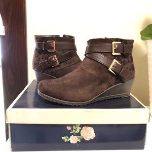 Brown & Black Animal Print Wedge Ankle Bootie